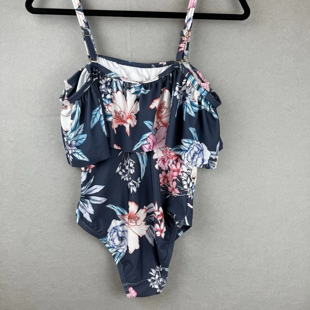 Venus Floral One‎ Piece Swimsuit Womens Sz 6 Navy Ruffle Off Shoulder Tropical